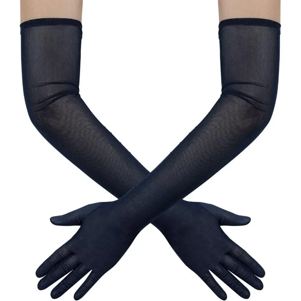 Women's Tulle Dark Navy Long Stretchy Gloves Halloween Party Wedding Costume